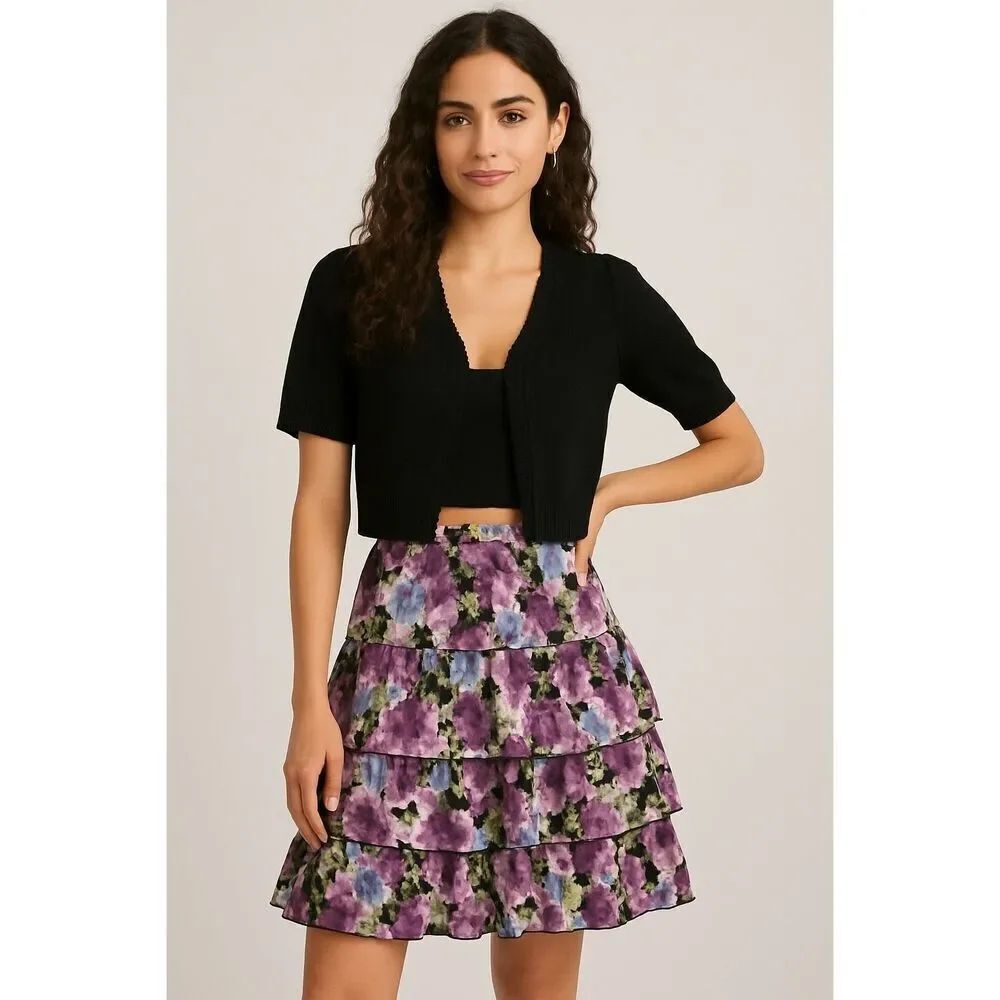 NOTATIONS Womens Floral Layered Ruffled Elastic Waist Skirt PM Petite Medium